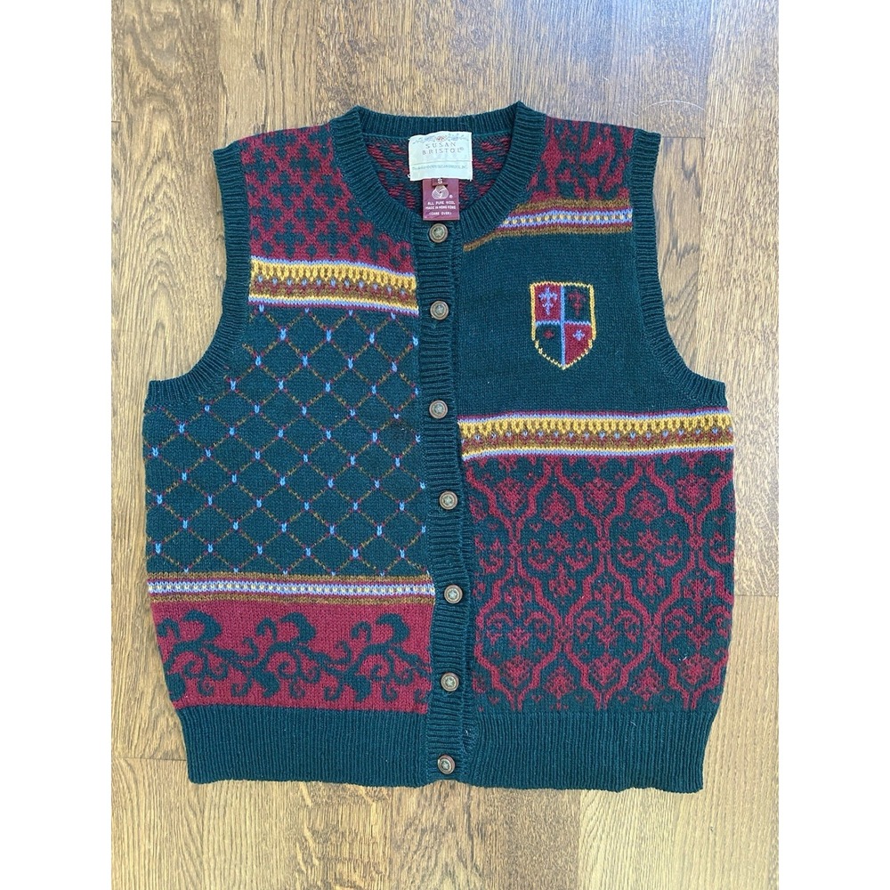 Vtg Susan Bristol Patchwork Wool Knit Sweater Vest Small Preppy Dark Academia